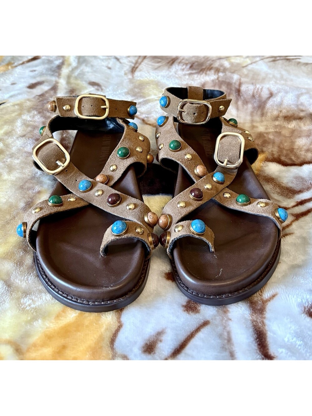 Steve Madden Linear Studded Suede Toe Loop Sandals - Taupe/Tan - Size 7